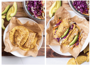 Adding crispy fish pieces to tortillas and then adding additional fillings.